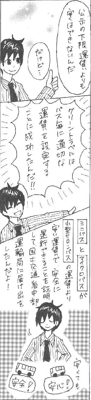 名古屋など愛知県、四日市・桑名など三重県出発、グリーントラベルの【貸切バス】の料金は、なぜお値打ち(格安)なのですか？ を説明している漫画＜１０ページ目＞