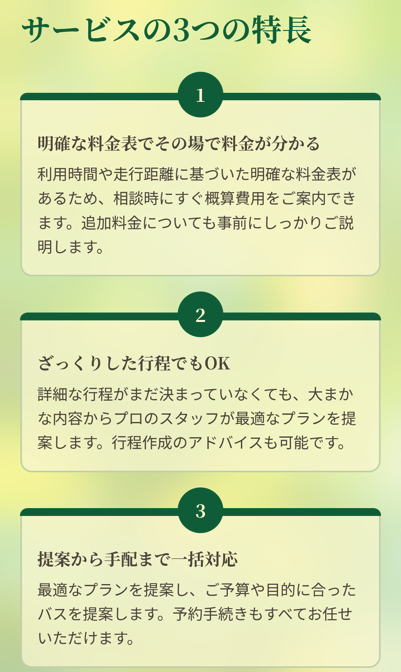 サービスの3つの特長

明確な料金表でその場で料金が分かる

利用時間や走行距離に基づいた明確な料金表があるため、相談時にすぐ概算費用をご案内できます。追加料金についても事前にしっかりご説明します。

ざっくりした行程でもOK

詳細な行程がまだ決まっていなくても、大まかな内容からプロのスタッフが最適なプランを提案します。行程作成のアドバイスも可能です。

提案から手配まで一括対応

最適なプランを提案し、ご予算や目的に合ったバスを提案します。予約手続きもすべてお任せいただけます。